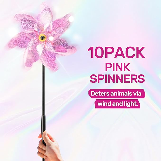 BATTIFE Reflective Pinwheels for Yard and Garden, Pre-Installed Bird Blinder Sparkly Pin Wheel, Scare Birds & Animal Away Wind Spinner, 10 Pack (Pink)