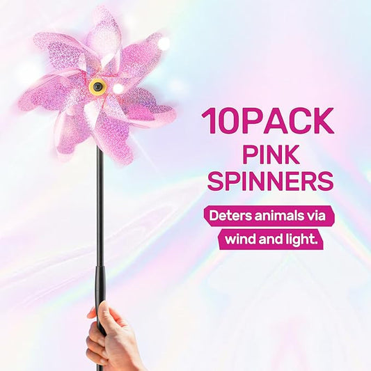 BATTIFE Reflective Pinwheels for Yard and Garden, Pre-Installed Bird Blinder Sparkly Pin Wheel, Scare Birds & Animal Away Wind Spinner, 10 Pack (Pink)