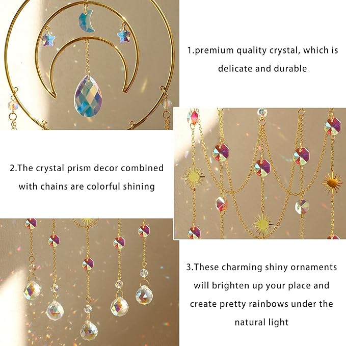 Artilady Suncatcher,Moon Sun Catcher-Large Prism Suncatcher Crystal Wind Chimes for Window Boho Home Garden Backyard Room Ceiling Charming Decor Christmas Birthday Handmade Gift for Women