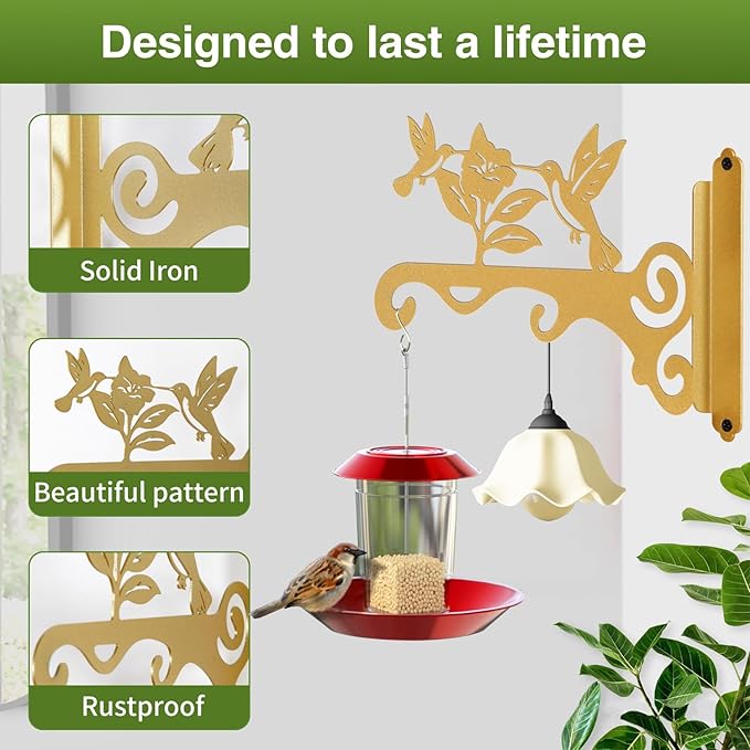 Elegant Bird Pattern Wall Hooks - 10/12/14 Inch Metal Plant Hangers for Indoor & Outdoor - Rust-Resistant Bracket for Plants, Feeders, Chimes, Lanterns (4, Gold, 10 inch)