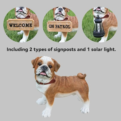 Pug Dog Garden Statue with Solar Lantern Light, Outdoor Bulldog Sculpture with Welcome & On Patrol Sign, Resin Animal Figurine for Patio Yard Lawn Porch Decor, Dog Lover Gifts