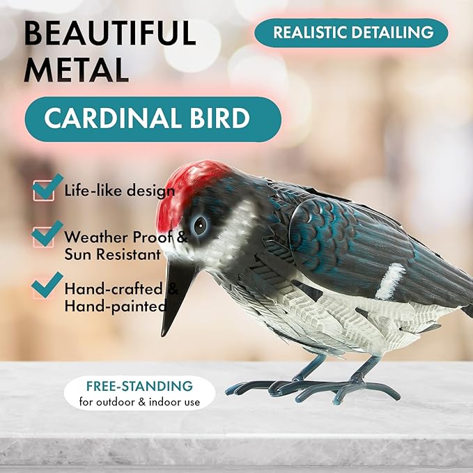 Metal Woodpecker Bird Figurine - Beautiful Backyard & Garden Gift, Birds Statue Sculpture Art Large Realistic - Outdoor Spring, Summer Metal Yard Art for Lawn Ornament Decoration Ornament Decor 7" H