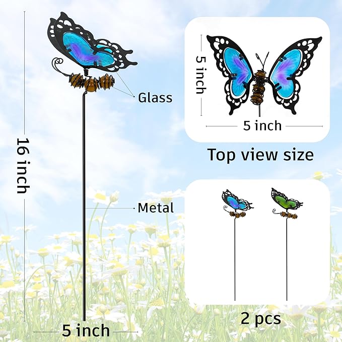 Butterfly Garden Stakes,Butterfly Kit Made of Glass and Metal,Colorful Butterflies Garden Decorations Can Make the Garden Full of Color and Vitality. (Blue and Green)