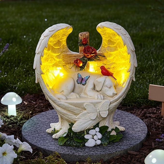 Dog Memorial Stone Solar Angel Wings Garden Statue with Cross Roses Cardinal Butterfly, Sleeping Dog Grave Markers Outdoor Waterproof Resin Pet Loss Sympathy Gift for Cemetery, 10 Inch