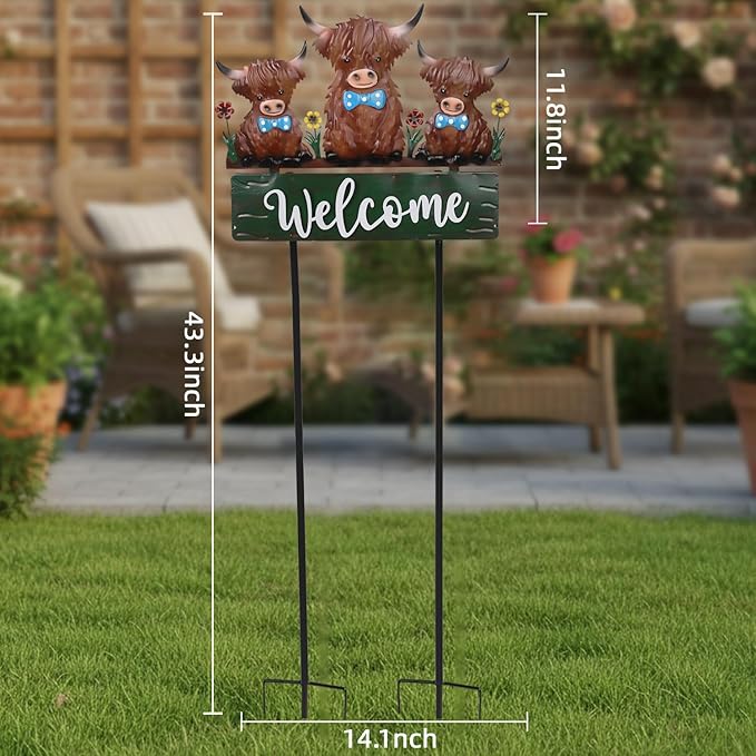 43.3inch Highland Cow Yard Stakes for Decorations Outdoor, Vintage Farmhouse Decorative Garden Stakes Large Metal Yard Art with Welcome Sign