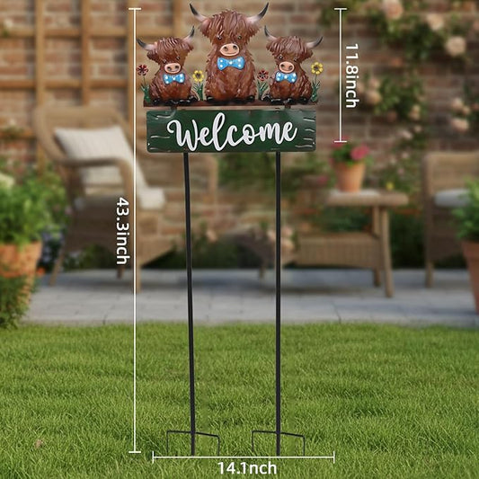 43.3inch Highland Cow Yard Stakes for Decorations Outdoor, Vintage Farmhouse Decorative Garden Stakes Large Metal Yard Art with Welcome Sign