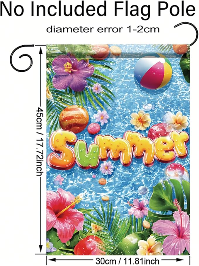 Summer Garden Flag 12x18 Inch Colorful Summer Pool Tropical Flowers Beach Ball Water Design Outdoor Yard Porch Lawn Patio for Seasonal Coastal Home Decor