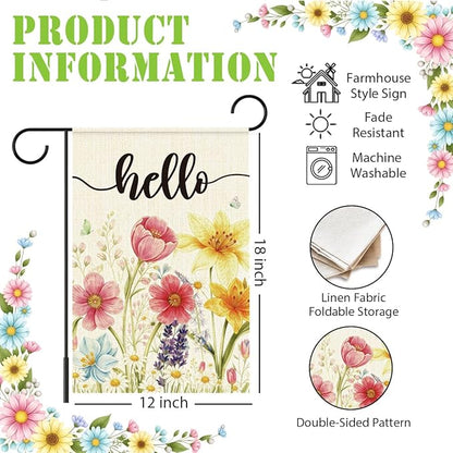 Spring Flowers Garden Flag for Outside,Hello Spring Garden Flag Yard Lawn Porch Flags for Outdoor Decorations 12x18 Inch Double Sided