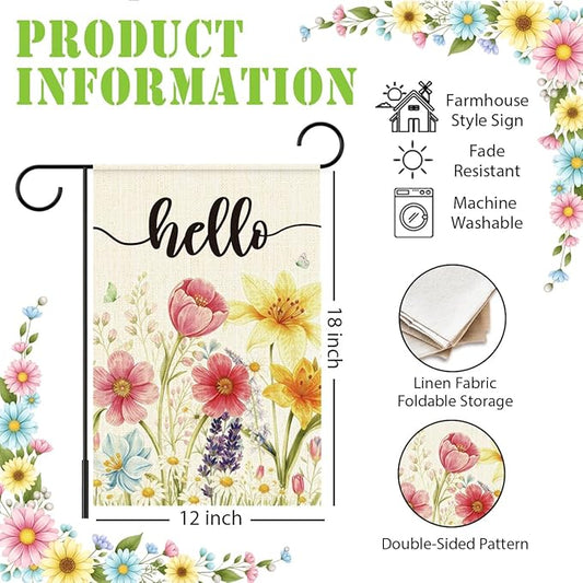 Spring Flowers Garden Flag for Outside,Hello Spring Garden Flag Yard Lawn Porch Flags for Outdoor Decorations 12x18 Inch Double Sided