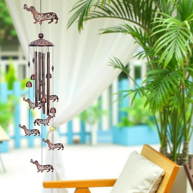 Dachshund Dog Wind Chimes for Outside, Metal Dog Windchimes for Women Men, Pet Memorial Wind Chime Birthday Gifts for Garden Decor Outdoor Memorial Housewarming Festival Gifts Front Yard Decor