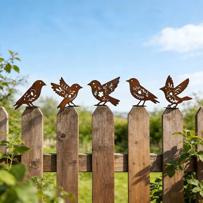 Aimto 5PCS Rusty Birds Decoration,Metal Birds Garden Decor for Outside,Outdoor Bird Wall Decor,Metal Birds Craft Statue Ornaments - Garden Sculptures,Outdoor and Yard Art, Lawn Ornaments