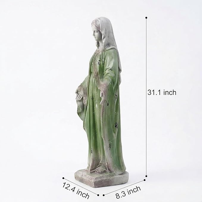 Virgin Mary Statue, 31.1'' H Outdoor Statue Garden Decor Mother Mary Statue for Patio Yard Home Hallway Entryway Magnesium Oxide Stone Large Outdoor/Indoor Decor Sculptures Gray Green