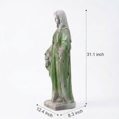 Virgin Mary Statue, 31.1'' H Outdoor Statue Garden Decor Mother Mary Statue for Patio Yard Home Hallway Entryway Magnesium Oxide Stone Large Outdoor/Indoor Decor Sculptures Gray Green