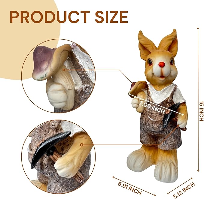 15 inch Resin Bunny Garden Statue, Labor Day Gardener Rabbit, Rabbit Topiary Sculpture for Yard, Patio, Lawn (Mushroom&Hoe)