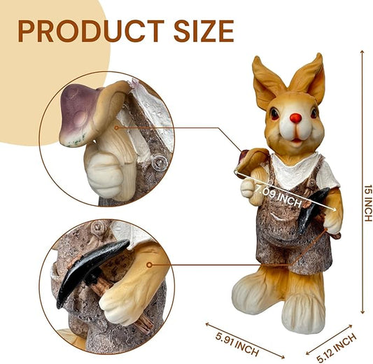 15 inch Resin Bunny Garden Statue, Labor Day Gardener Rabbit, Rabbit Topiary Sculpture for Yard, Patio, Lawn (Mushroom&Hoe)