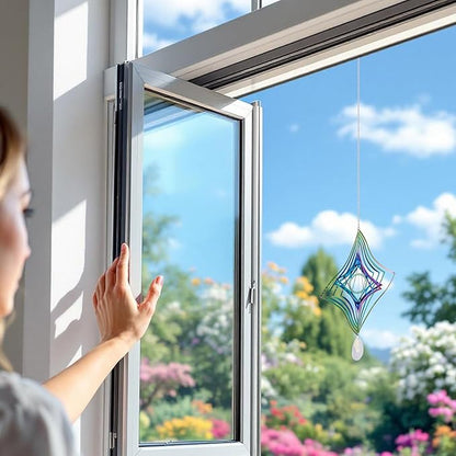 Stainless Steel Reflective Wind Spinners Outsides 3D Twisted Wind Chimes Gradient Rhombus Etched Metal Embellishments for Outdoor Indoor Garden Hanging Decor 2Pcs