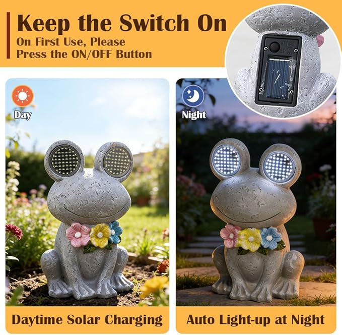 Outdoor Solar Garden Statue, Dynamic LED Light with Flower Sculpture, Art Decor for Patio Porch Lawn Backyard, Housewarming Gifts for Women (Stone Frog)