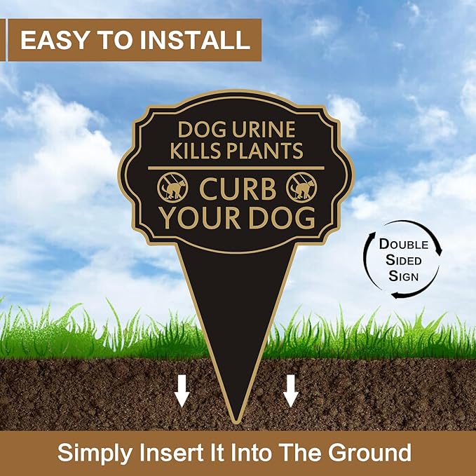 Double Sided Yard Sign, Dog Urine Kills Plants, Curb Your Pet Lawn Marker, 14”x10” No Peeing & No Pooping Yard Stake with Integrated Mount for Outdoor Use (Dog Urine Kills Plants)