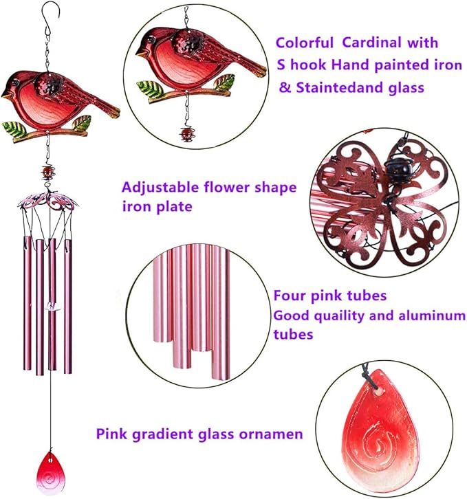 Evealyn Outdoor Red Cardinal Bird Wind Chimes, Indoor Stained Glass Metal Tubes Music Beautiful Windchimes Hanging for Room,Balcony,Window, Garden,Yard, Patio,Lawn Creative Home Decoration (Red)