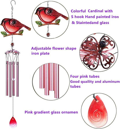 Evealyn Outdoor Red Cardinal Bird Wind Chimes, Indoor Stained Glass Metal Tubes Music Beautiful Windchimes Hanging for Room,Balcony,Window, Garden,Yard, Patio,Lawn Creative Home Decoration (Red)