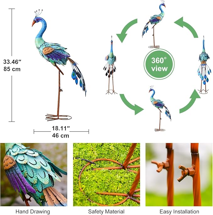 Metal Peacock Garden Statue - 33.5 Inch Yard Art Outdoor Garden Decor for Porch Patio Pond Lawn Backyard - Unqiue Gifts for Grandma Mom