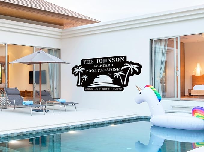 Personalized Pool Metal Name Sign,Custom Poolside Paradise Pool Signs and Decor Outdoor, Family Palm Tree Sign, Last Name,Summer Backyard Patio Decor