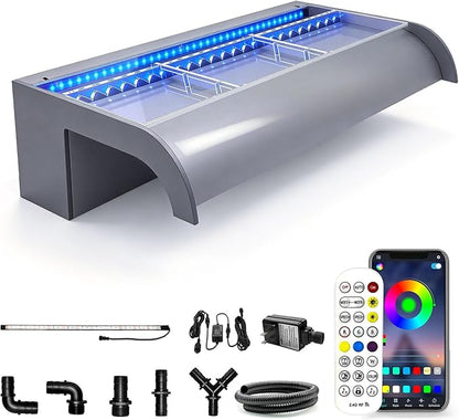 with lid Pool Fountain, LONGRUN Waterfall Spillway for Koi Ponds - 23.6" Transparent Acrylic Waterfall with APP Control & Multi-Color LED Lights for Swimming Pool, Garden Pond, Patios, Spa Decoration