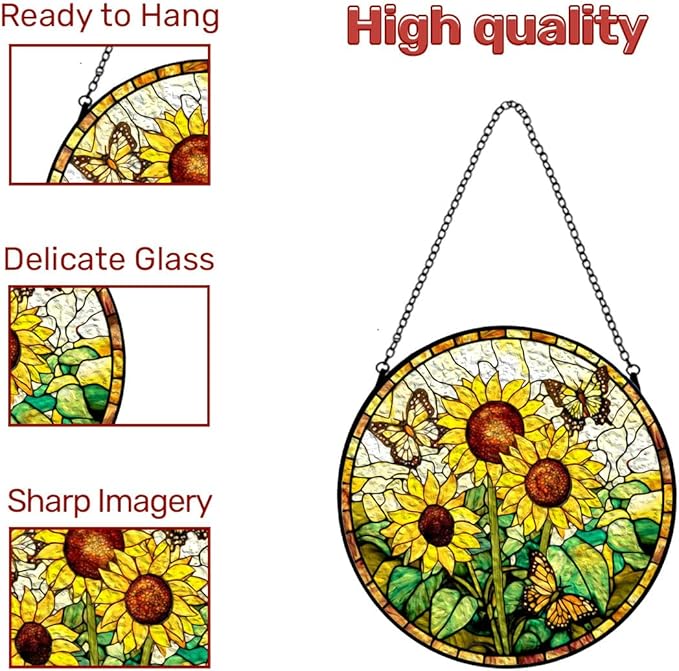 GENANY Sunflowers Glass Window Hanging, Spring Sun Catcher with Metal Chain and Hook, Romantic Gifts for Women Friends Family, Garden Decor, Housewarming Gifts, Outdoor Decor