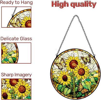 GENANY Sunflowers Glass Window Hanging, Spring Sun Catcher with Metal Chain and Hook, Romantic Gifts for Women Friends Family, Garden Decor, Housewarming Gifts, Outdoor Decor