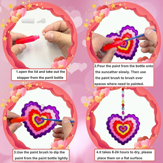 AUEKIV Valentines Suncatcher Crafts Kit 30 Sets Heart Suncatchers Window Art Paint Sun Catcher DIY Craft Kits Heart for Valentine's Day Classroom Activities Party Gift Exchange