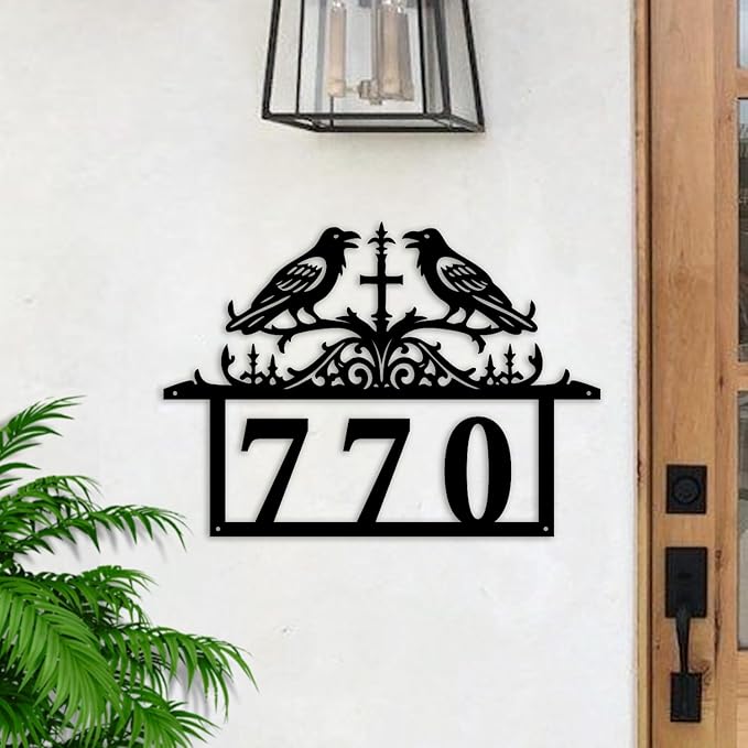 Personalized Gothic House Number metal Signs,Custom Address Number Metal Wall Art Decor,Black Plaques Outdoor wall Decorative Signage,Shed(8-30 Inches) (Crow A)