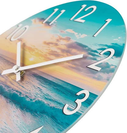 12 Inch Outdoor Clock Waterproof – Tempered Glass Wall Clock with Stunning Sunset Beach & Sand Scene, UV Resistant Coastal Decor for Patio, Pool, Garden, Porch & Bathroom
