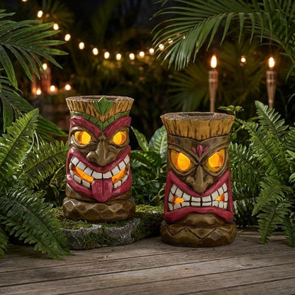 TERESA'S COLLECTIONS Tiki Head Garden Decor with Solar Outdoor Light, Set of 2 Tropical Hawaiian Tiki Torch Resin Christmas Decorations Garden Sculptures & Statues Yard Decor Thanksgiving Gifts 6"