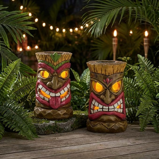 TERESA'S COLLECTIONS Tiki Head Garden Decor with Solar Outdoor Light, Set of 2 Tropical Hawaiian Tiki Torch Resin Christmas Decorations Garden Sculptures & Statues Yard Decor Thanksgiving Gifts 6"