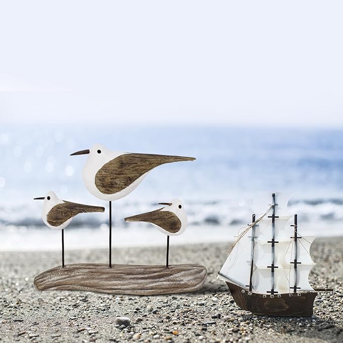 Morning View Wooden Sea Birds Decor Wood Seagull Statue Bird Figurines Seabird Statue Standing Seagulls Decorations Coastal Sculpture Nautical Beach Ocean Home Table Garden Yard Lawn Outdoor 7 Inch