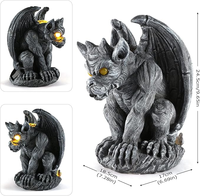 Large Winged Gargoyle Statue with Solar Lights Outdoor Decor, Sitting Gargoyle Monster Dragon Garden Guardian Gothic Creep Scary Sculpture, Patio Yard Lawn Decorations, Valentine's Day Gift