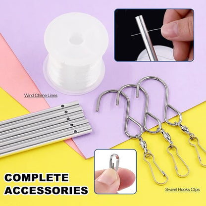 Glarks 61Pcs Wind Chime Kit Including 50Pcs 11.5cm 10cm 9cm 8cm 7cm Wind Chime Tubes and 10Pack Swivel Hooks Clips with 100m Thread Wire for Home Garden Outdoor Hanging Decorations