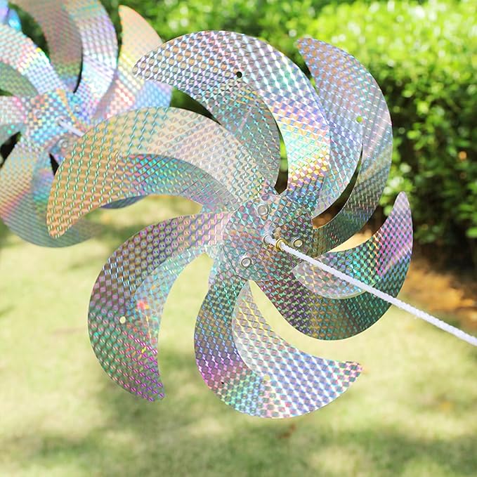 10 Meters 8 Pieces Reflective Pinwheels Bird Repellent Devices Outdoor Windmills, 12 Inches Silver Wind Spinners Outdoor Decor to Scare Birds, Large Shiny Rotating Pinwheels for Yard and Garden