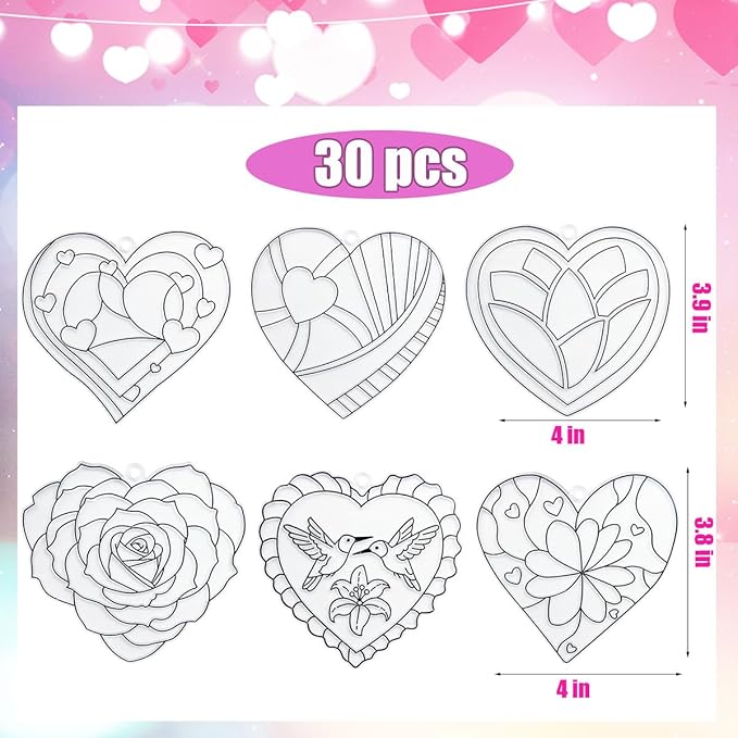 AUEKIV Valentines Suncatcher Crafts Kit 30 Sets Heart Suncatchers Window Art Paint Sun Catcher DIY Craft Kits Rose for Valentine's Day Classroom Activities Party Gift Exchange