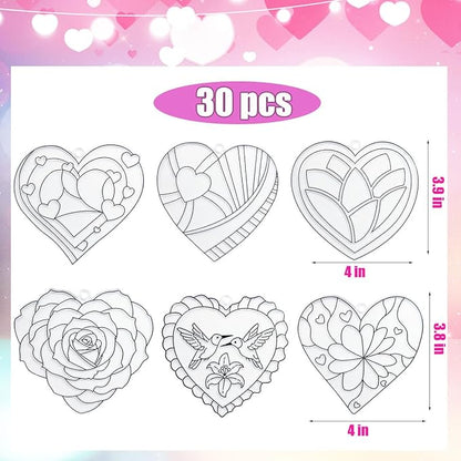 AUEKIV Valentines Suncatcher Crafts Kit 30 Sets Heart Suncatchers Window Art Paint Sun Catcher DIY Craft Kits Rose for Valentine's Day Classroom Activities Party Gift Exchange