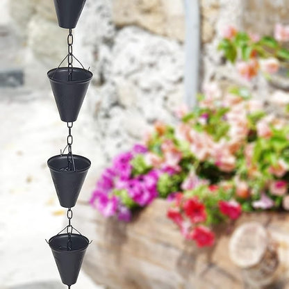 8.5FT Cone Iron Rain Chains for Gutter and Rain Barrel, Rust-Resistant Plated Garden Décor Rain Chain for Downspout, Bonus Rain Chain Gutter Adapter (Black)