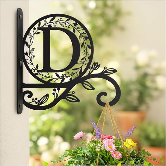 Personalized Initial Metal Plant Hanger Bracket, Decorative Wall Mount Hanging Plant Hook, Monogram Floral Leaf Garden Stake for Hanging Baskets Bird Feeders Lanterns Wind Chime (D)
