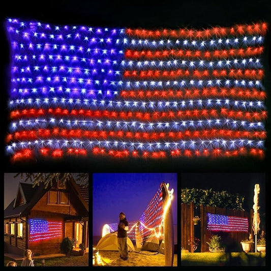 Decute American LED Flag Net Lights - 420 LED 4th of July Decorations Outdoor Lighted Flag String Lights of The United States for Memorial Day Yard Garden Festival Holiday Party