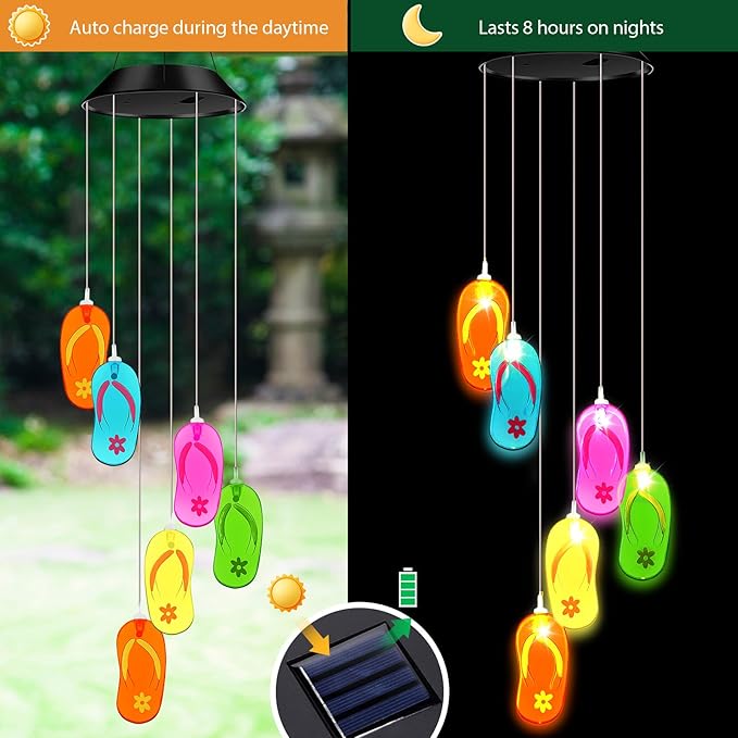 Wonderjune Tropical Beach Themed Slipper Solar Wind Chimes Flip Flop Outdoor Summer Beach Decorations Lights Mobile Wind Chime LED Lights for Garden Patio Yard Porch Hawaii Party Gifts