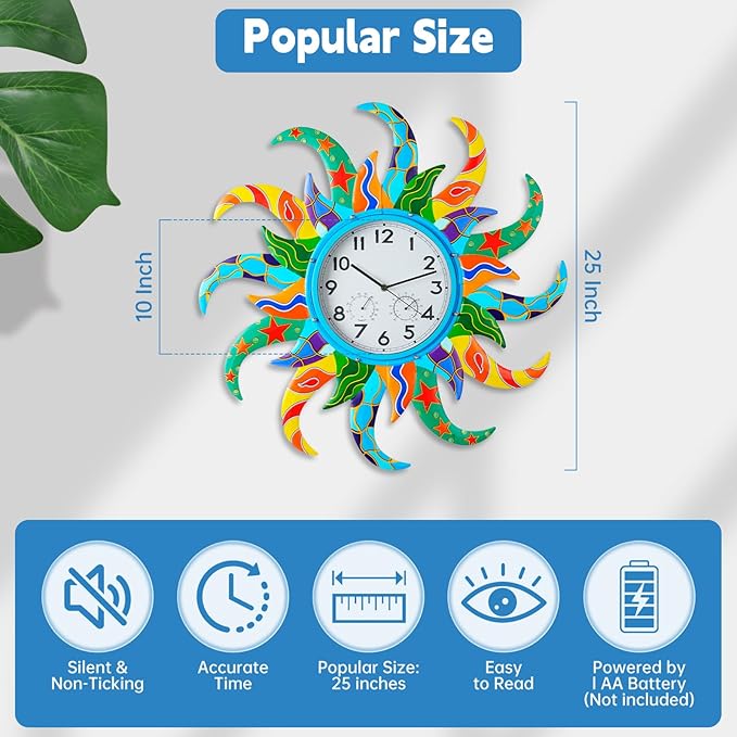 Large Blue Sun Outdoor Clock with Thermometer and Hygrometer Combo, Silent No-Ticking Outdoor Wall Clock, Waterproof Quartz Clock for Patio, Living Room, Kitchen, Garden, 25 Inch