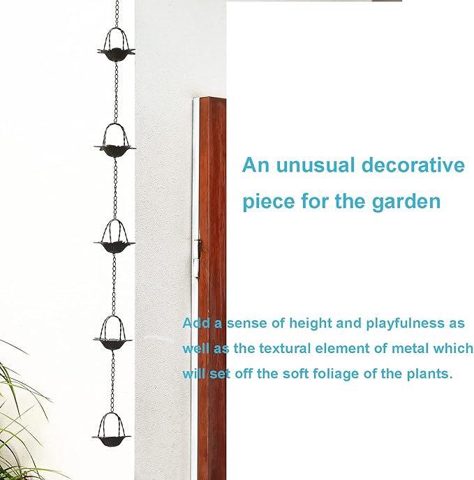 Jemeni 6.5 Feet Metal Rain Chain, Rain Chains for Gutters with 7 Cups, Lily Flower Style, Bronze