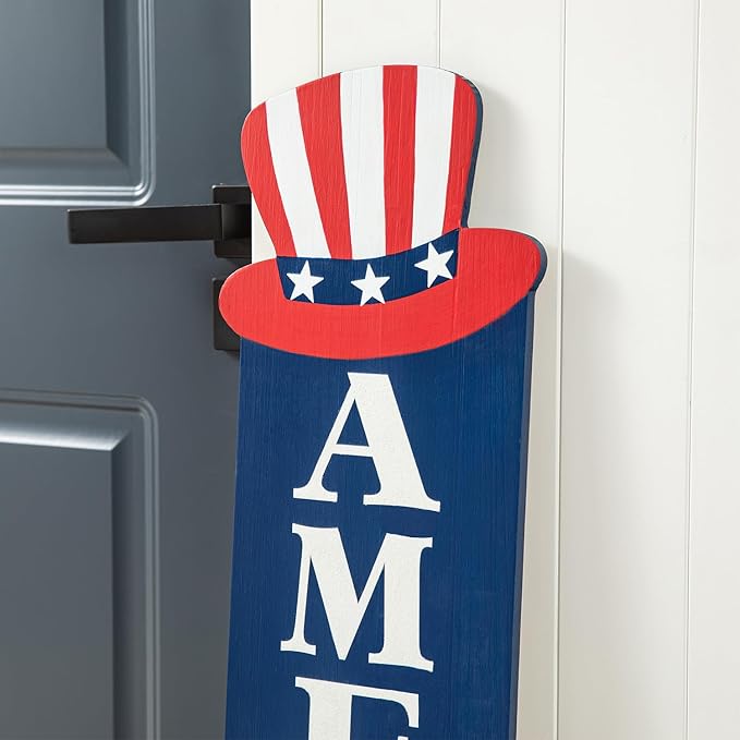 Glitzhome Patriotic 4th of July Independence Day Porch Sign Decor Memorial Day 42"H Americana Wooden "AMERICA" Porch Decor Hanging Sign Front Door Porch Standing Decorative Signs Plaques