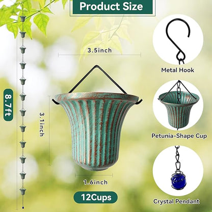 Rain Chains for Outside, 8.7FT Gutter Chain with 12 Bell Cups Rain Catcher Chain Replacement Downspout for Gutters Eaves Drainage Decor, Bronze