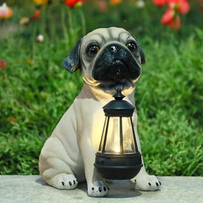 Garden Dog Statues Outdoor Decor, Solar Lights Outdoor Pug Figurines Solar Dog Ornaments for Patio, Lawn, Yard Art Decoration, Housewarming Garden Gift