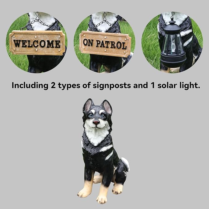 Northern Husky Porch Accent Featuring Solar Lantern & Double-Sided Sign, Sitting Black Husky Garden Statue for Entry Steps & Lawn Edge